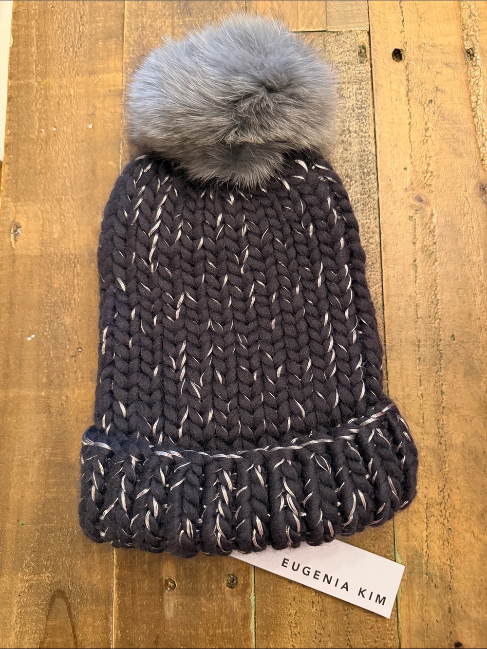 Eugenia Kim Charcoal Gray Chunky Knit Beanie with Gray Pom